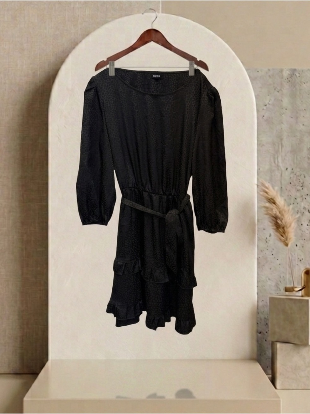 Tacera Black Long-Sleeve Ruffle Tie-Waist Dress